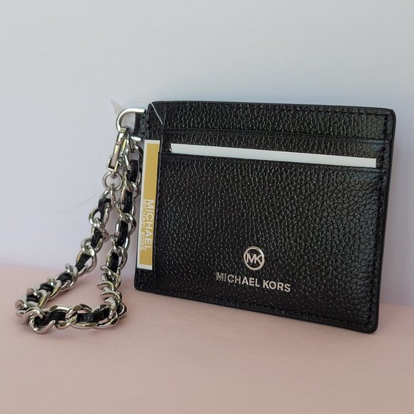 MICHAEL KORS Jet Set Small ID Pebbled Leather Chain Card Holder Case- Black⭐ - Picture 5 of 16